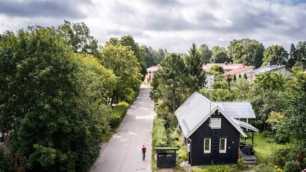 Kesäinen pientaloalue, jossa hiljaisilla kaduilla yksi jalankulkija