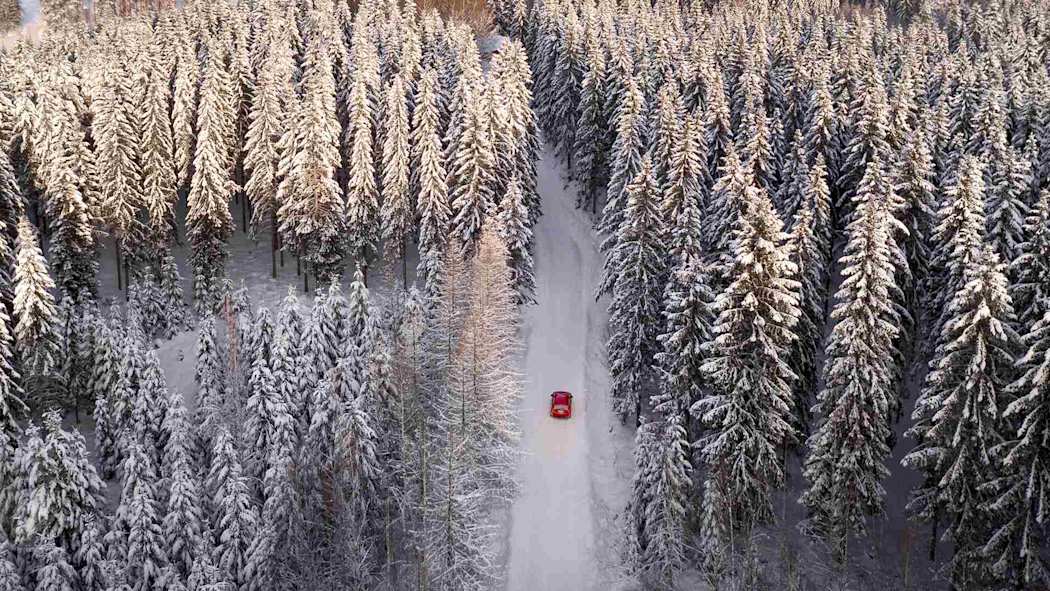 Punainen auto ajamassa lumisen metsän halki
