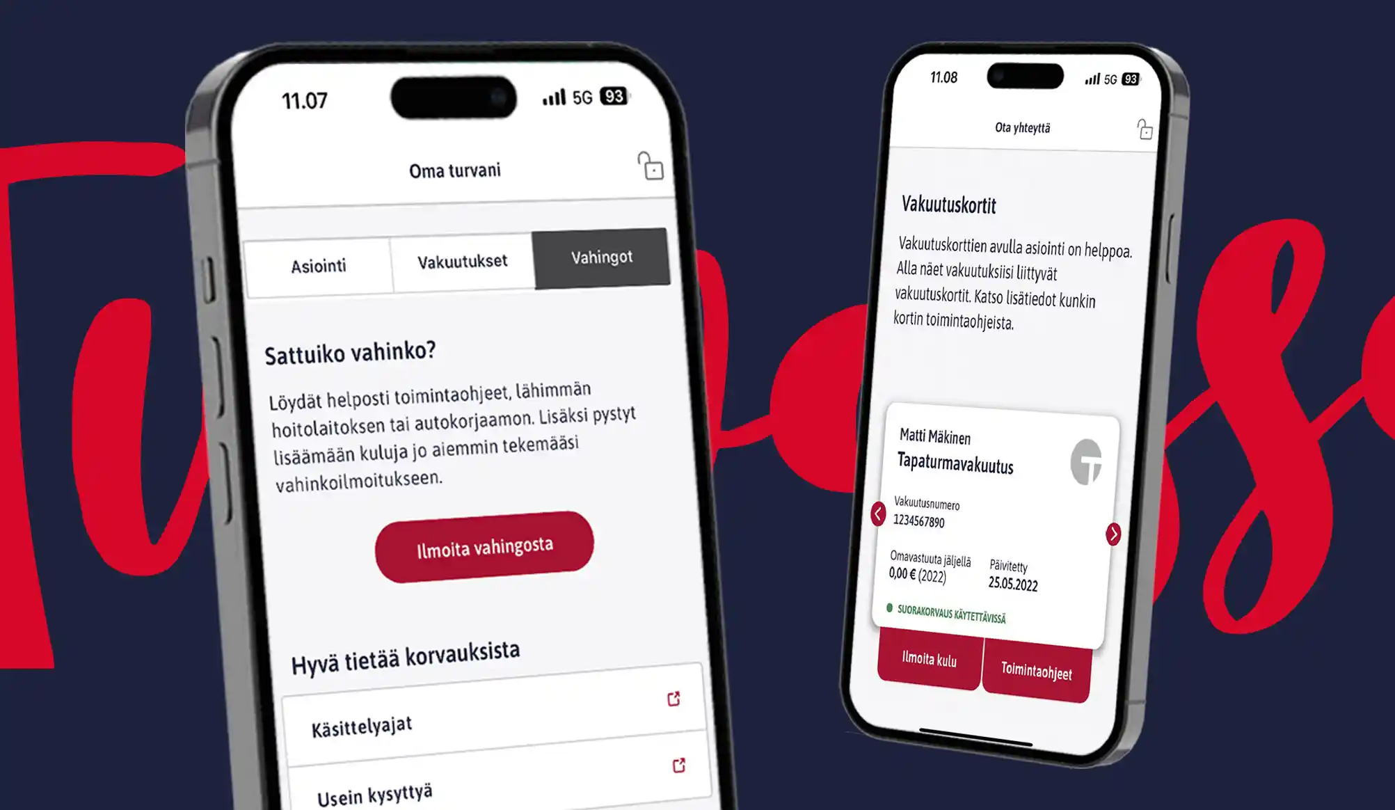 Kuva TaskuTurva-mobiilisovelluksesta ja vakuutuskortista